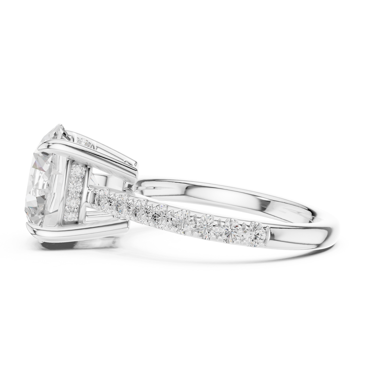 Round Cut Lab-Grown Diamond Proposal Ring with Hidden Halo and Pavé Band, White Gold