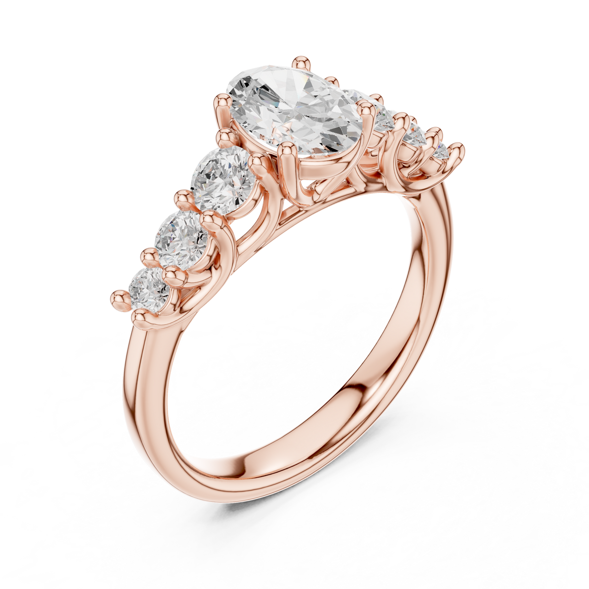 IGI Certified Oval Lab Grown Diamond With 6 Round Stones, Rose Gold