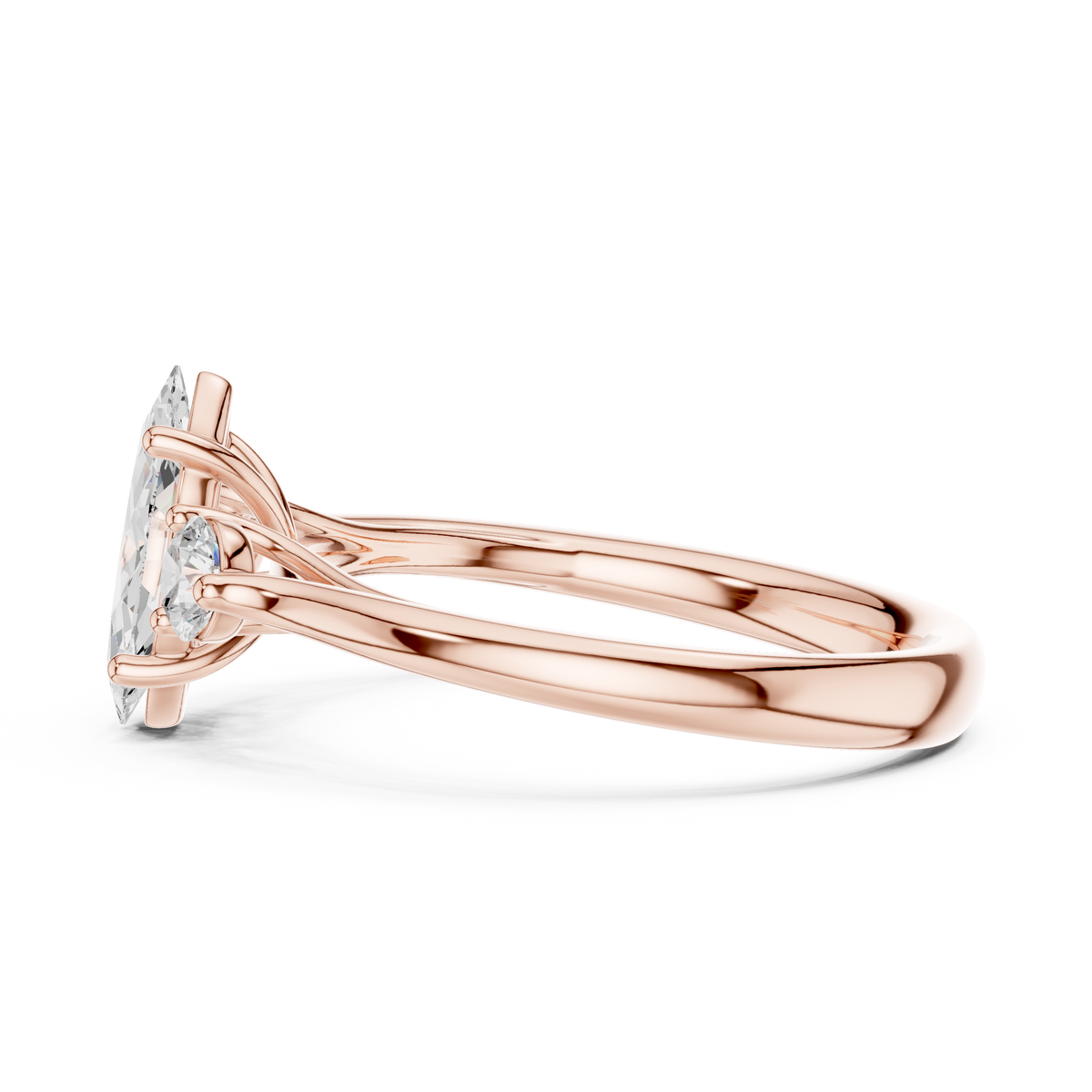 Marquise Cut Lab Grown Diamond Three Stone Ring with Round Side Stones, Rose Gold