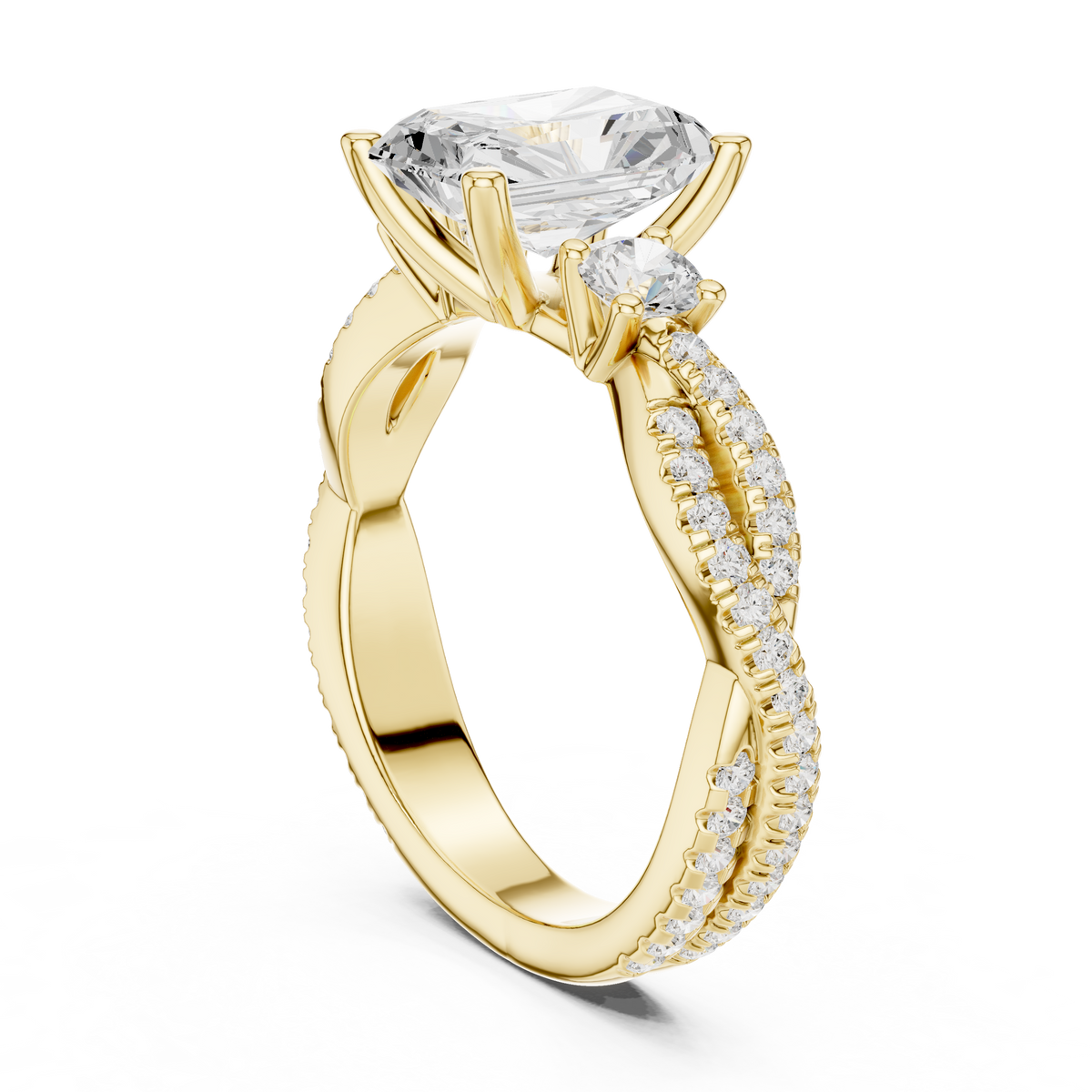 Radiant Cut Lab-Grown Diamond 3 Stone Proposal Ring with Twisted Pavé Band, Yellow Gold