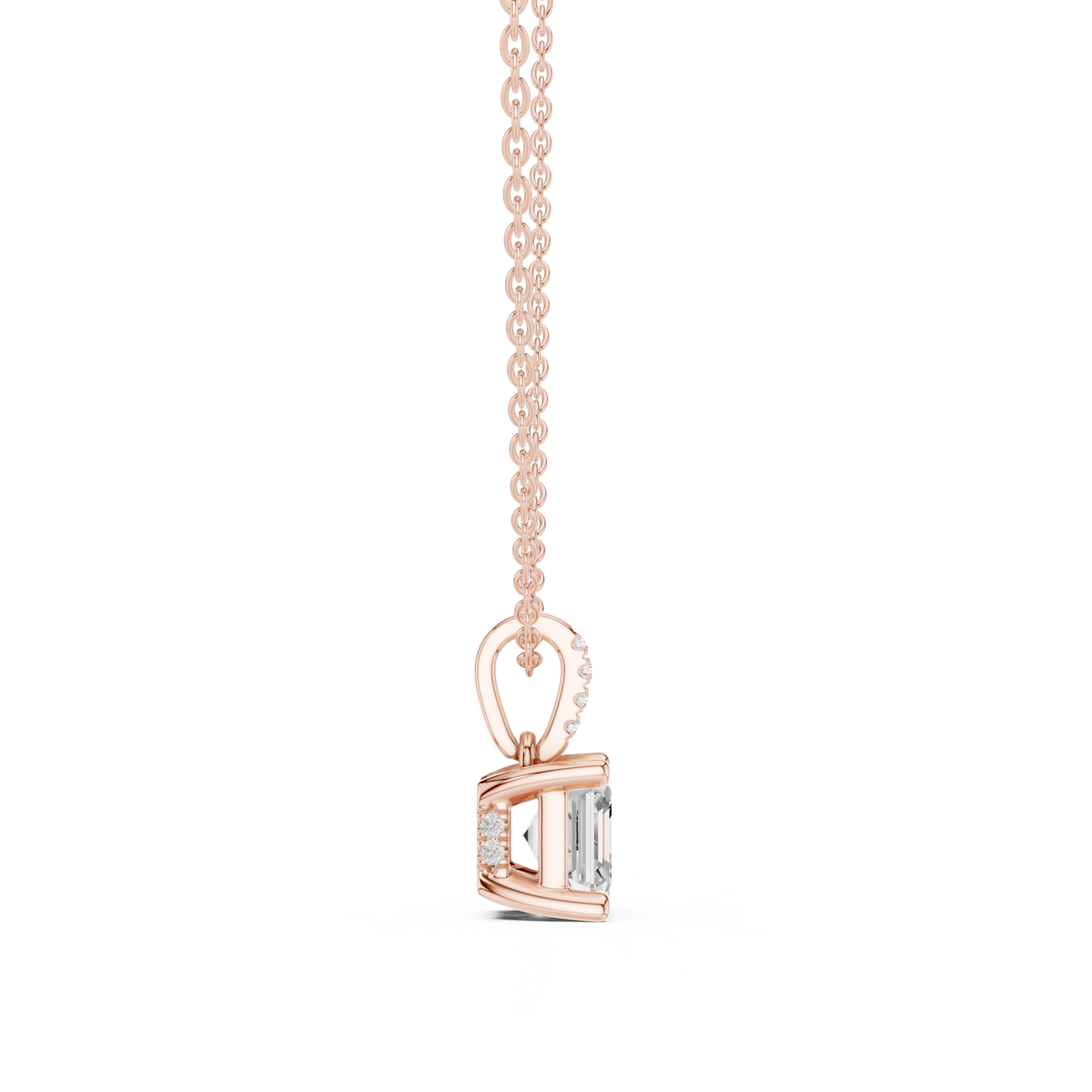 Asscher Cut Lab Grown Diamond Solitaire Pendant with Diamond Bail Necklace, Rose Gold
