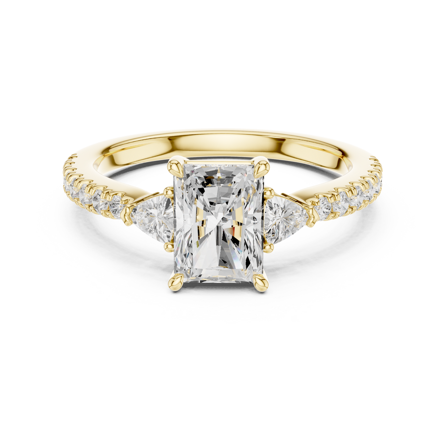 IGI Certified Radiant Cut Lab Grown Diamond Three Stone Ring for Anniversary, Yellow Gold