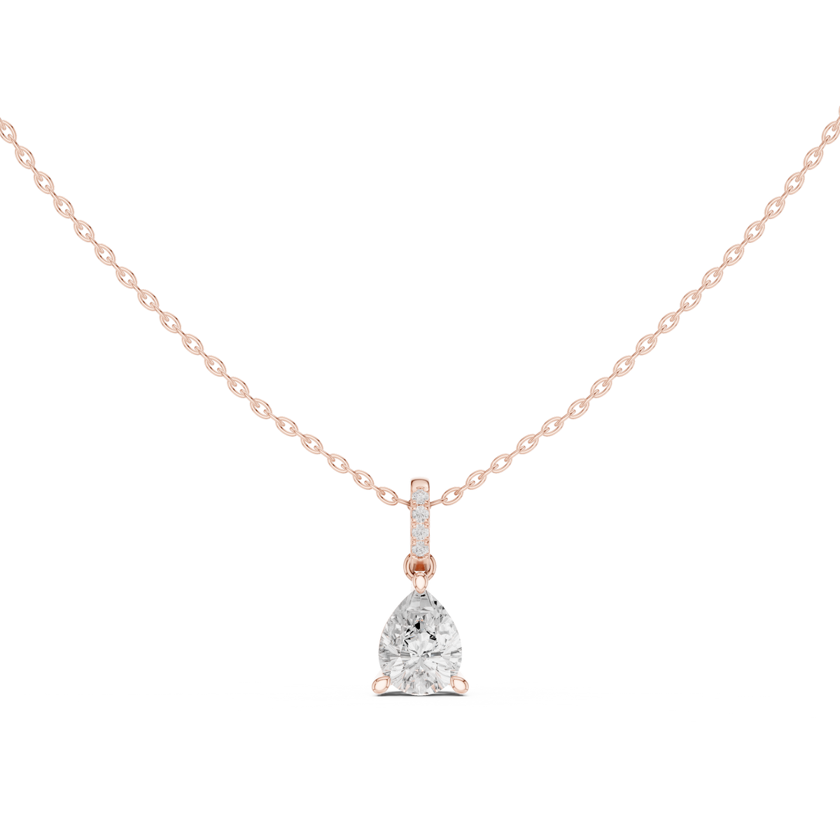 Pear Cut Lab Grown Diamond Solitaire Pendant with Diamond Bail Necklace, Rose Gold