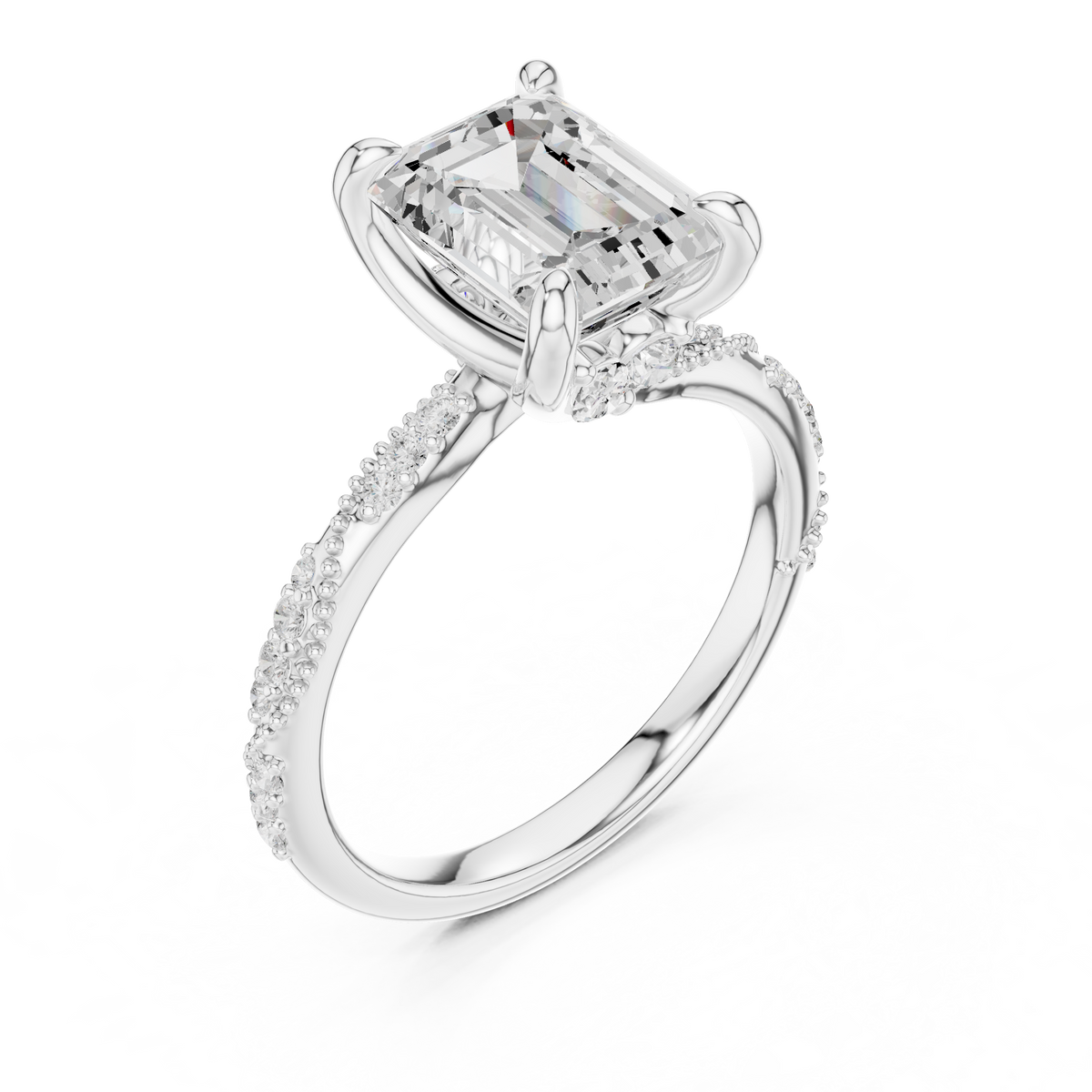 Emerald Cut Lab-Grown Diamond Engagement Ring with Marquise and Pavé Accent Band, White Gold