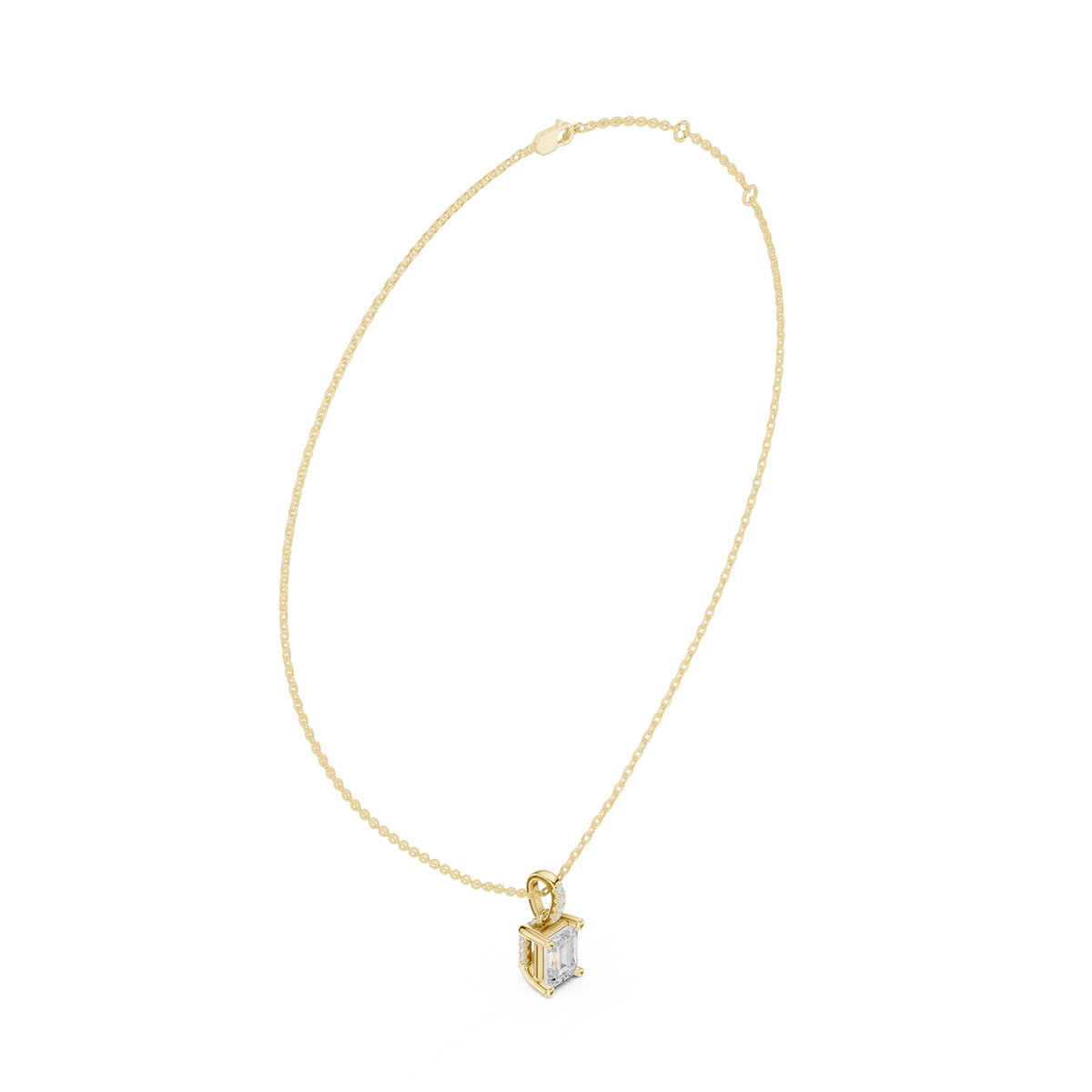Emerald Cut Lab Grown Diamond Solitaire Pendant with Diamond Bail Necklace, Yellow Gold