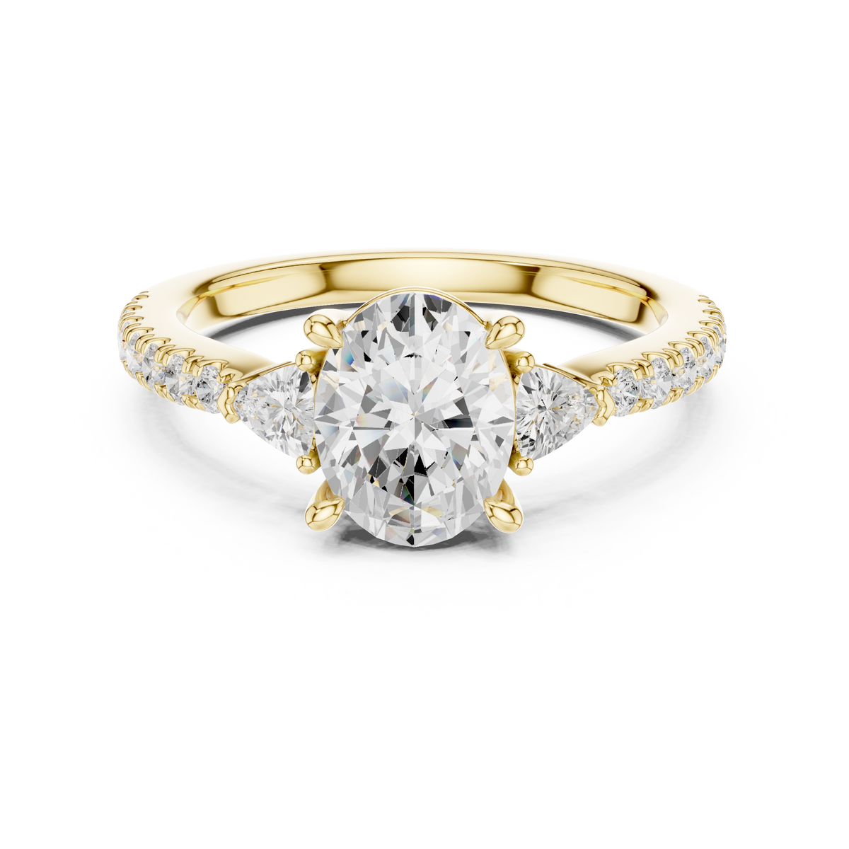 Oval Cut Lab Grown Diamond Proposal Ring with Trillion Side Stones, Yellow Gold