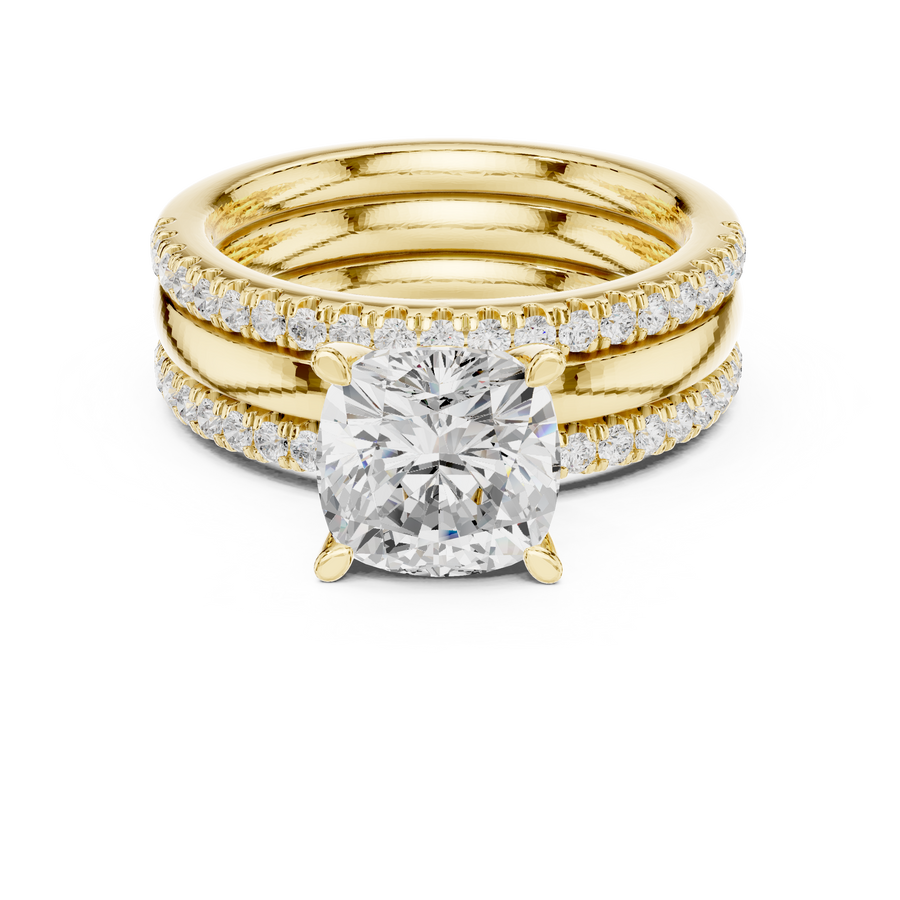 IGI Certified Cushion Cut Lab Grown Diamond Triple Band Pavé Ring, Yellow Gold
