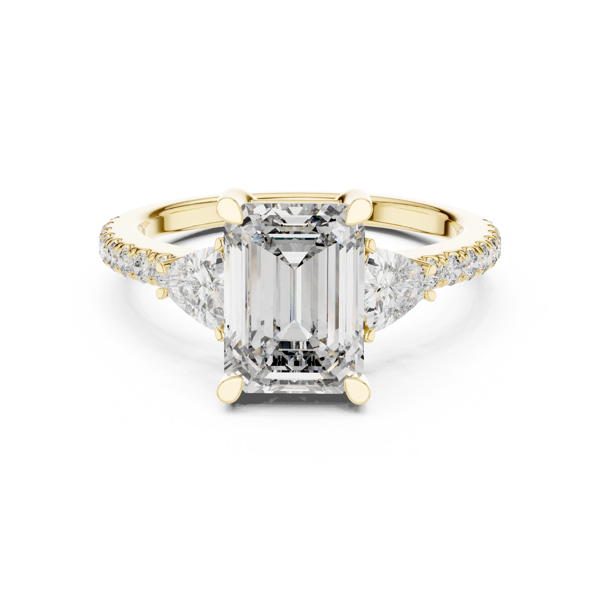 2.65 CT Emerald Cut Lab-Grown Diamond Three-Stone Ring, Yellow Gold