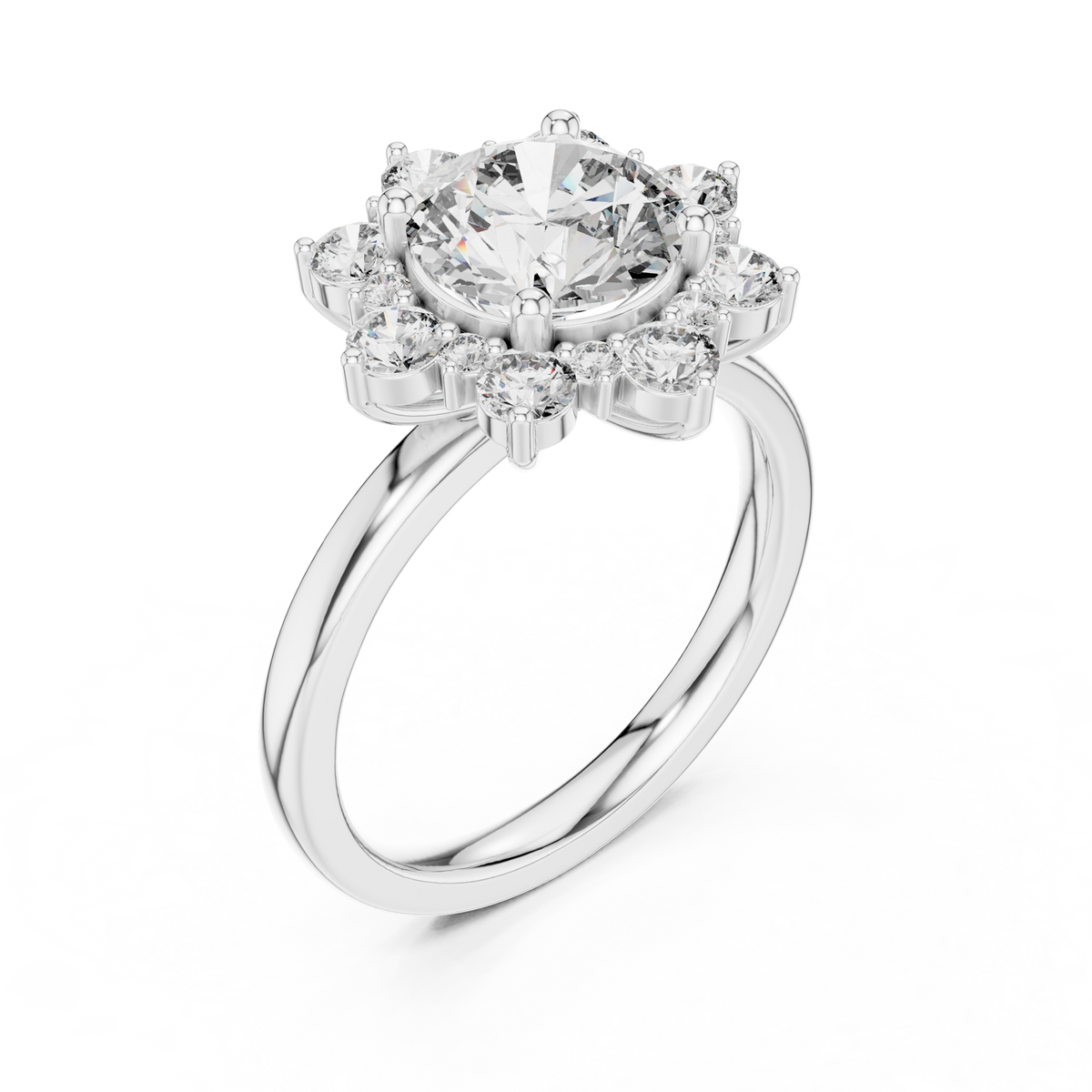 Round Cut Lab Grown Diamond Floral Halo Ring with Diamond Accents, White Gold