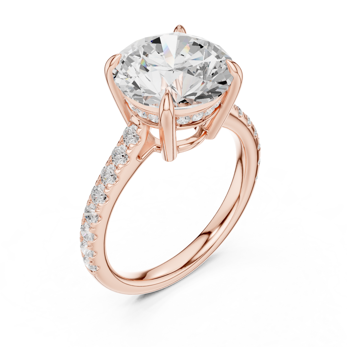 Round Cut Lab-Grown Diamond Proposal Ring with Hidden Halo and Pavé Band, Rose Gold
