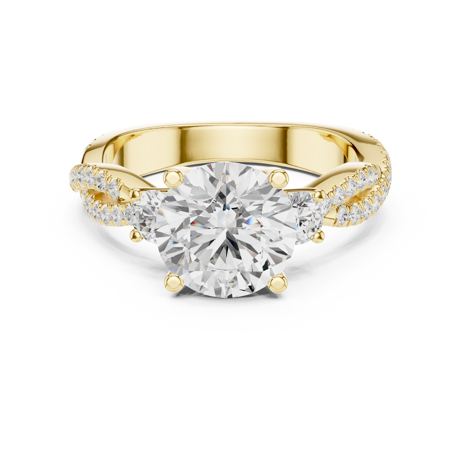Round Cut Lab-Grown Diamond 3 Stone Proposal Ring with Twisted Pavé Band, Yellow Gold