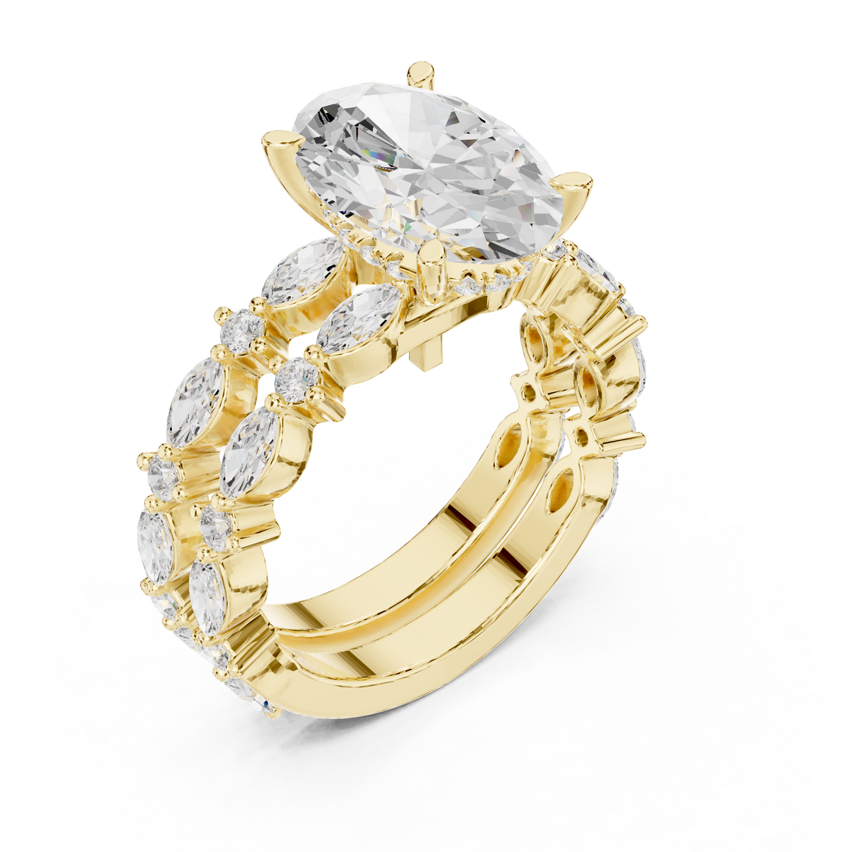 Oval Lab Grown Diamond Stackable Ring with Marquise & Round Accents, Yellow Gold