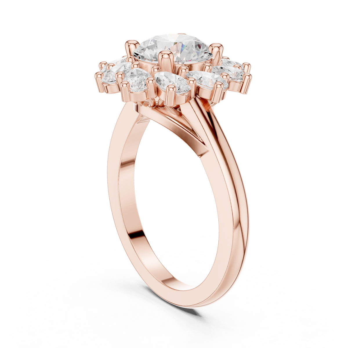 1.50 CT Round Floral Halo Ring with Pear-Shaped Accents, Rose Gold