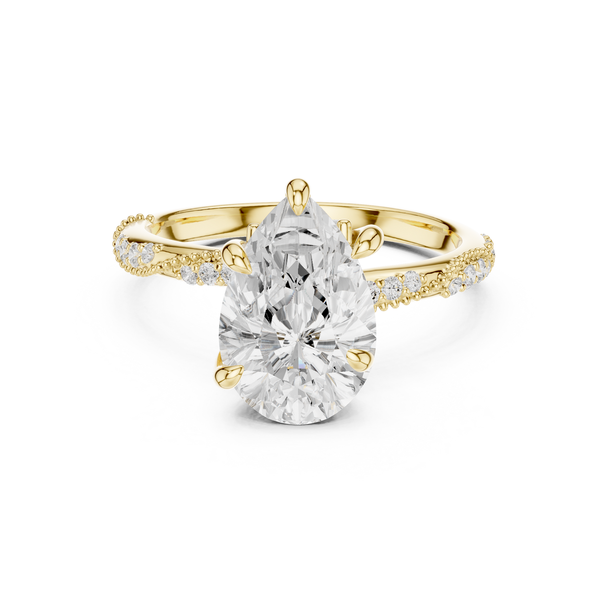 Pear Cut Lab-Grown Diamond Ring With Milgrain Pavé Split-Shank Band, Yellow Gold