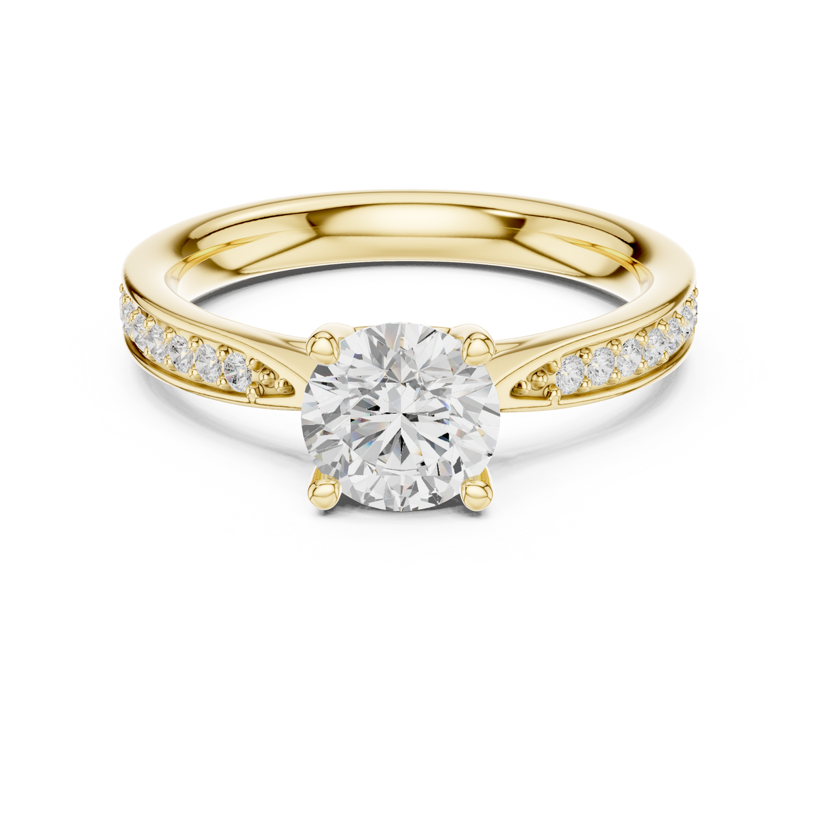 Solitaire Round Lab Grown Diamond Pavé Shoulder Ring, Yellow Gold