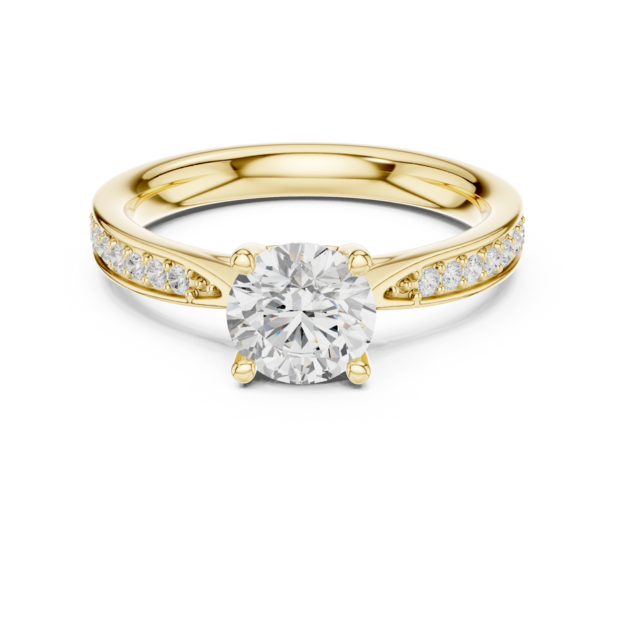 Solitaire Round Lab Grown Diamond Pavé Shoulder Ring, Yellow Gold