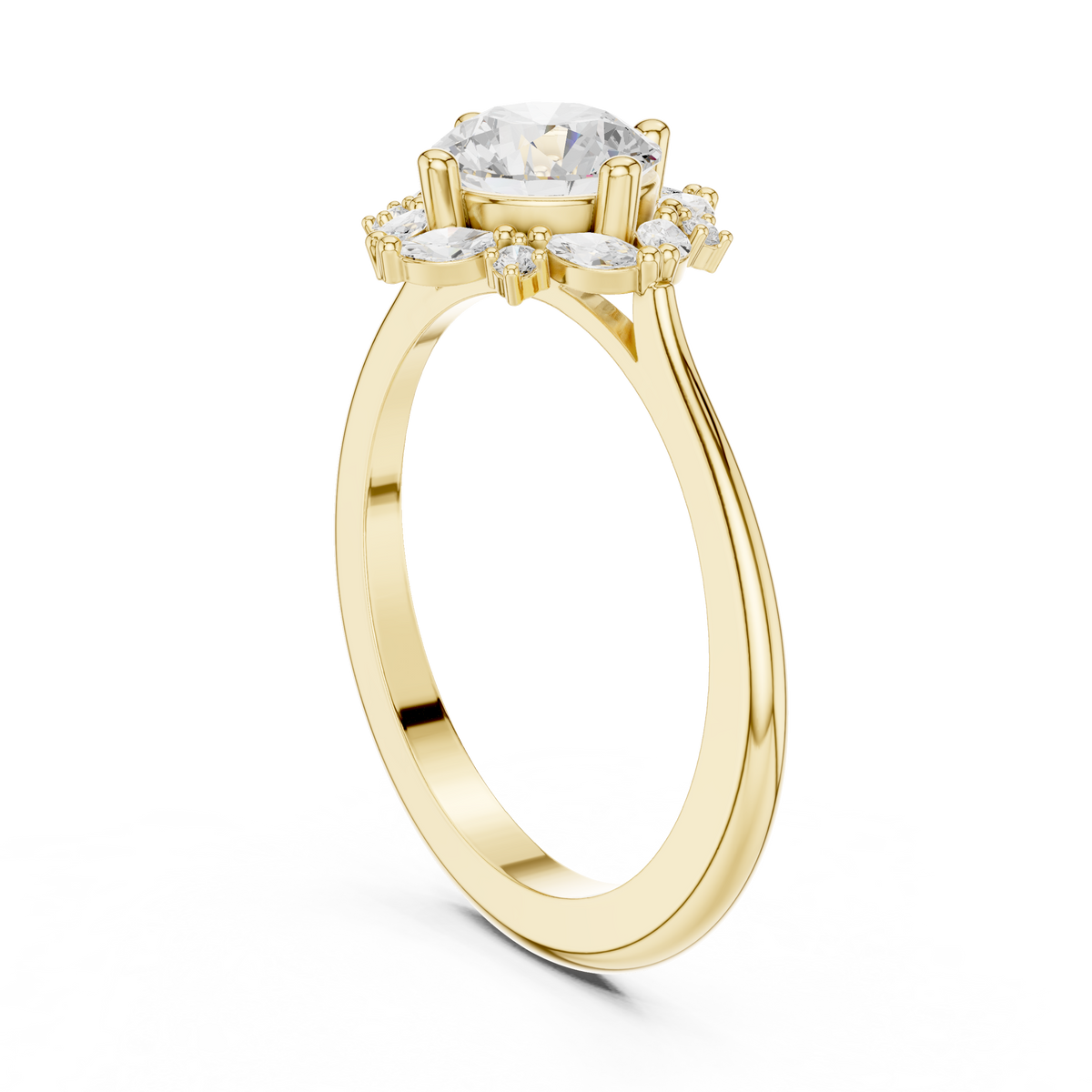 1.00 Carat Round Cut Lab Grown Diamond Marquise Floral Halo Ring, Yellow Gold