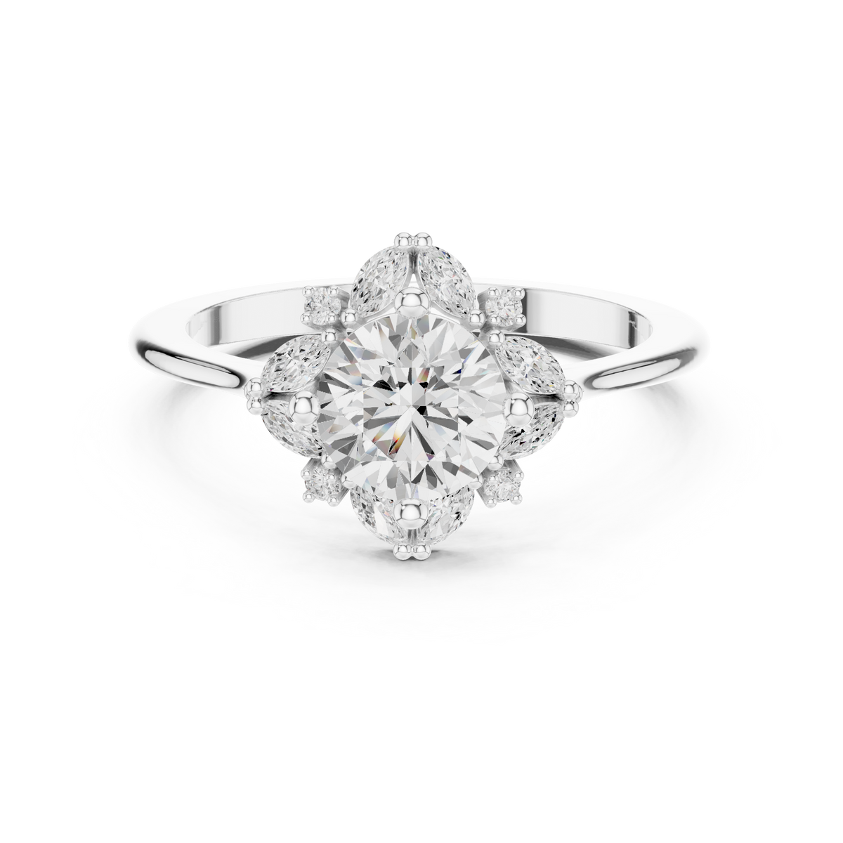 1.00 Carat Round Cut Lab Grown Diamond Marquise Floral Halo Ring, White Gold