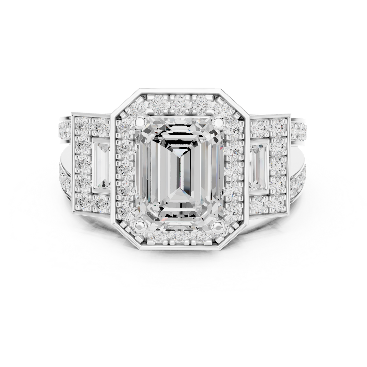 2.50 CT Emerald Cut Lab-Grown Diamond 3 Stone Ring with Baguette & Pavé Accents, White Gold
