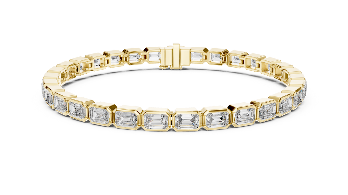 Bezel Emerald Cut Lab Grown Diamond Tennis Bracelet, Yellow Gold