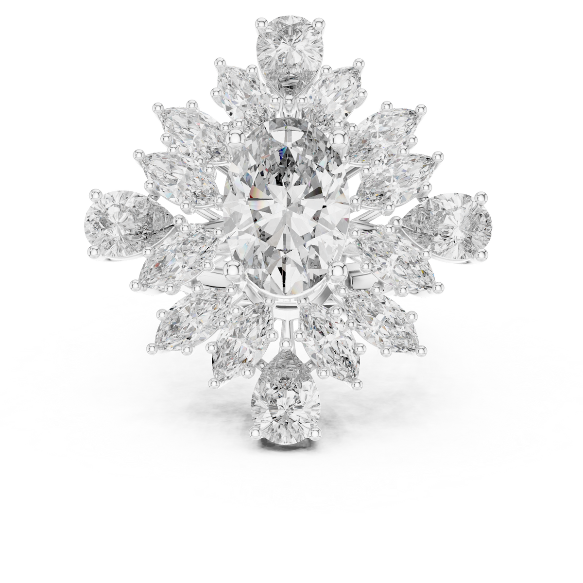 4 CT Oval Cut Floral Cluster Diamond Ring with Marquise & Pear Side Stones, White Gold