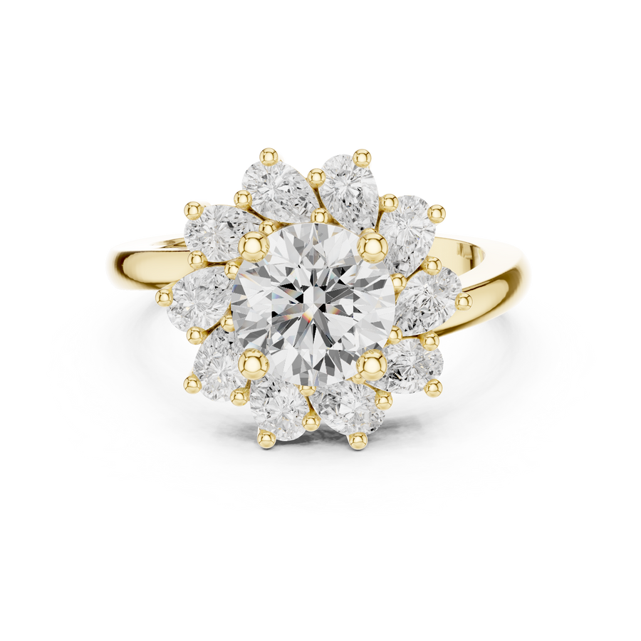 1.50 CT Round Floral Halo Ring with Pear-Shaped Accents, Yellow Gold