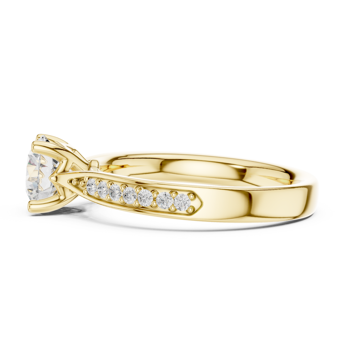 Solitaire Round Lab Grown Diamond Pavé Shoulder Ring, Yellow Gold