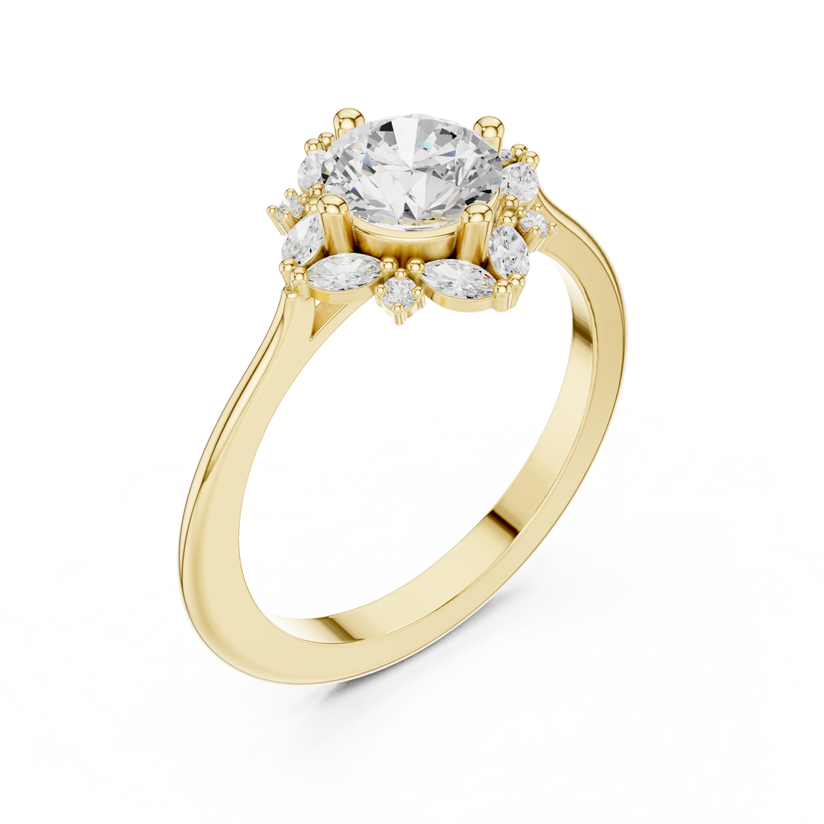 1.00 Carat Round Cut Lab Grown Diamond Marquise Floral Halo Ring, Yellow Gold