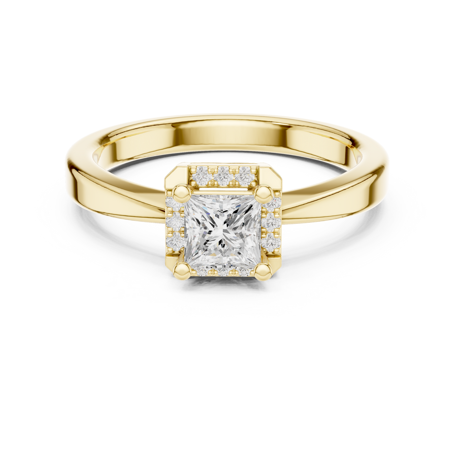 Princess Cut Lab Grown Diamond Solitaire Ring with Round Halo Accents, Yellow Gold