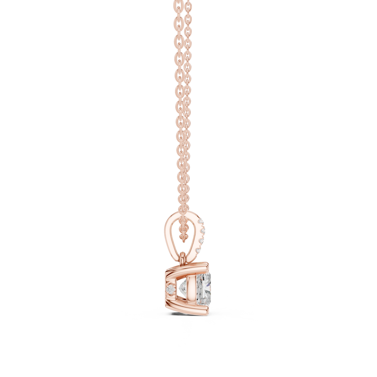 Cushion Cut Lab Grown Diamond Solitaire Pendant with Diamond Bail Necklace, Rose Gold