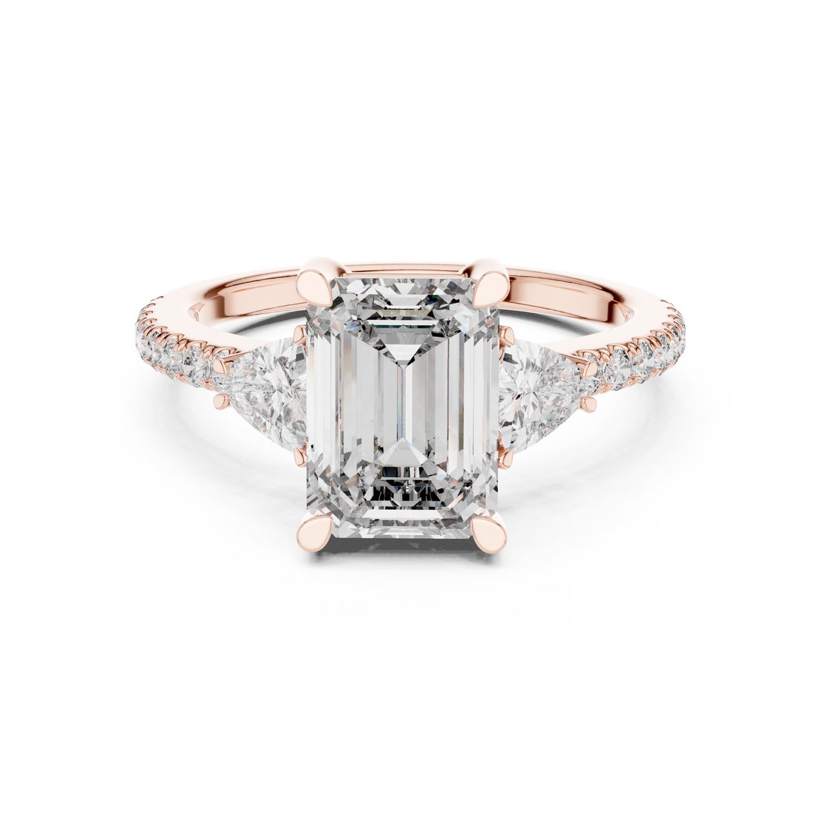 2.65 CT Emerald Cut Lab-Grown Diamond Three-Stone Ring, Rose Gold