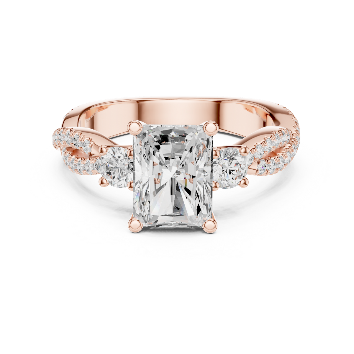 Radiant Cut Lab-Grown Diamond 3 Stone Proposal Ring with Twisted Pavé Band, Rose Gold