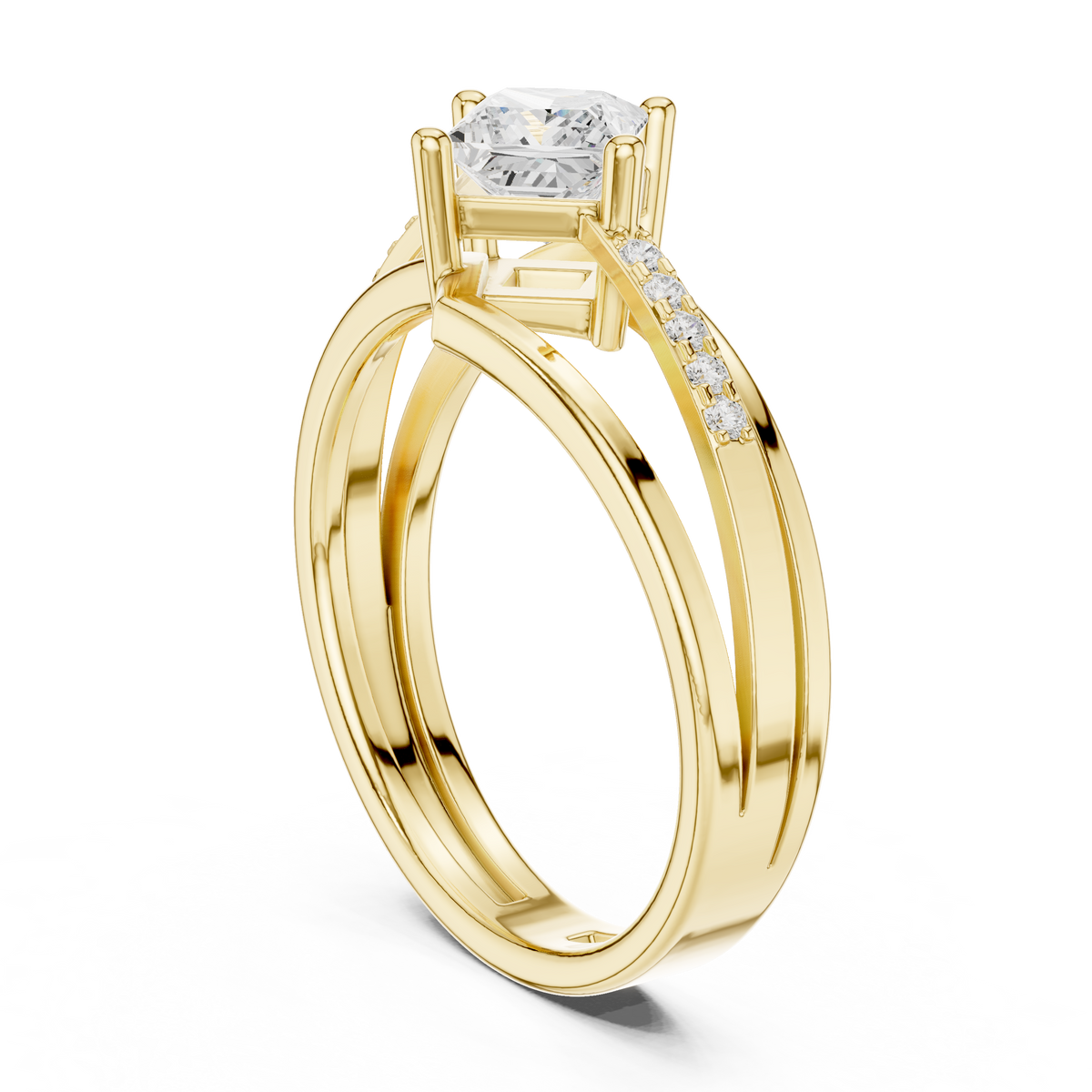 Princess Cut Lab Grown Diamond Solitaire Ring with Round Diamond Accents, Yellow Gold