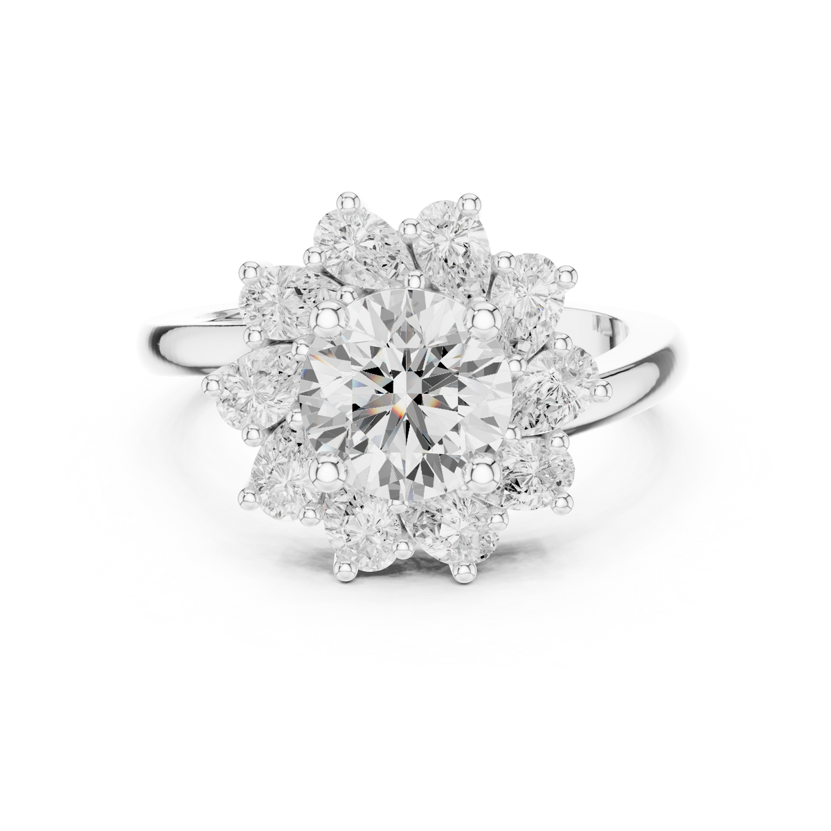 1.50 CT Round Floral Halo Ring with Pear-Shaped Accents, White Gold