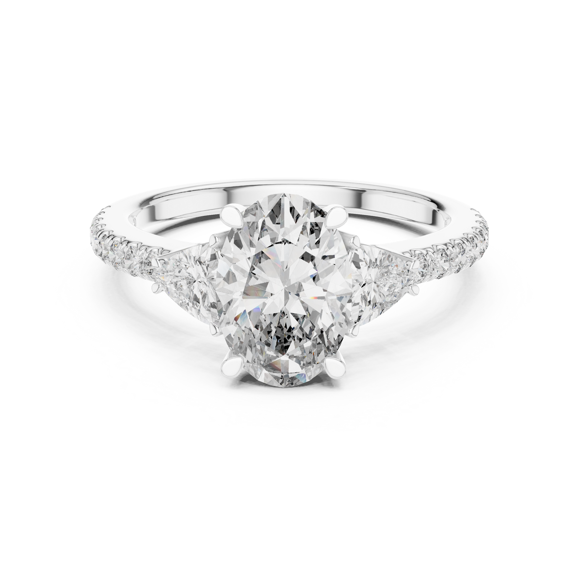 2.00 CT Oval Lab Grown Diamond Trillion Side Stone Ring, White Gold
