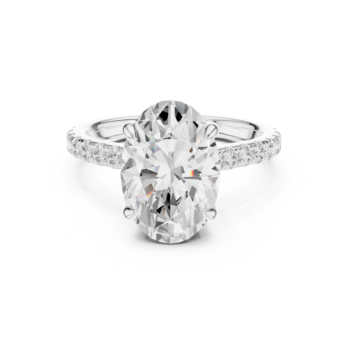 Oval Cut Lab-Grown Diamond Proposal Ring with Hidden Halo and Pavé Band, White Gold