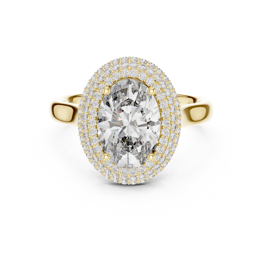 2 CT Oval Cut Lab Grown Diamond Double Halo Ring with Pavé Band, Yellow Gold