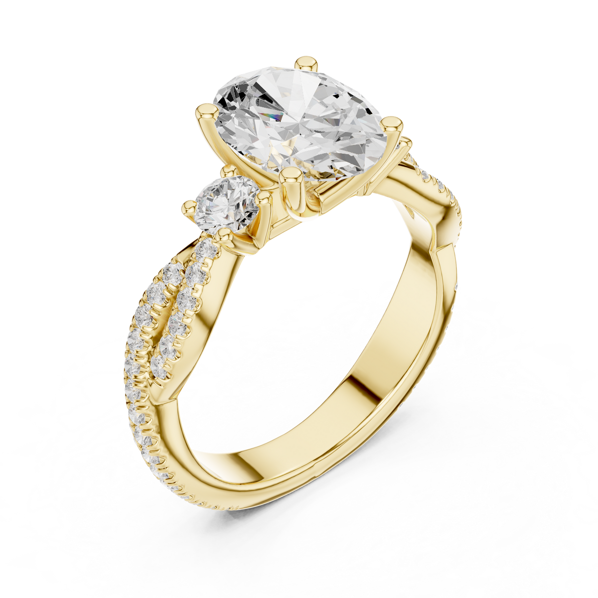 Oval Cut Lab-Grown Diamond 3 Stone Proposal Ring with Twisted Pavé Band, Yellow Gold