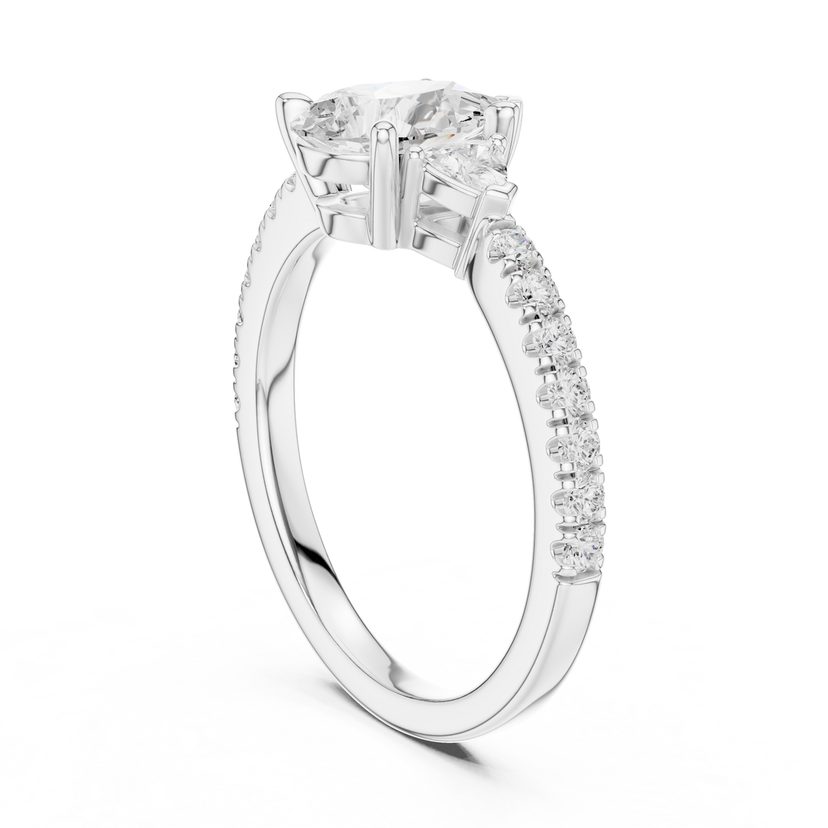 1.5 CT Pear Cut Lab Grown Diamond Three Stone Ring, White Gold