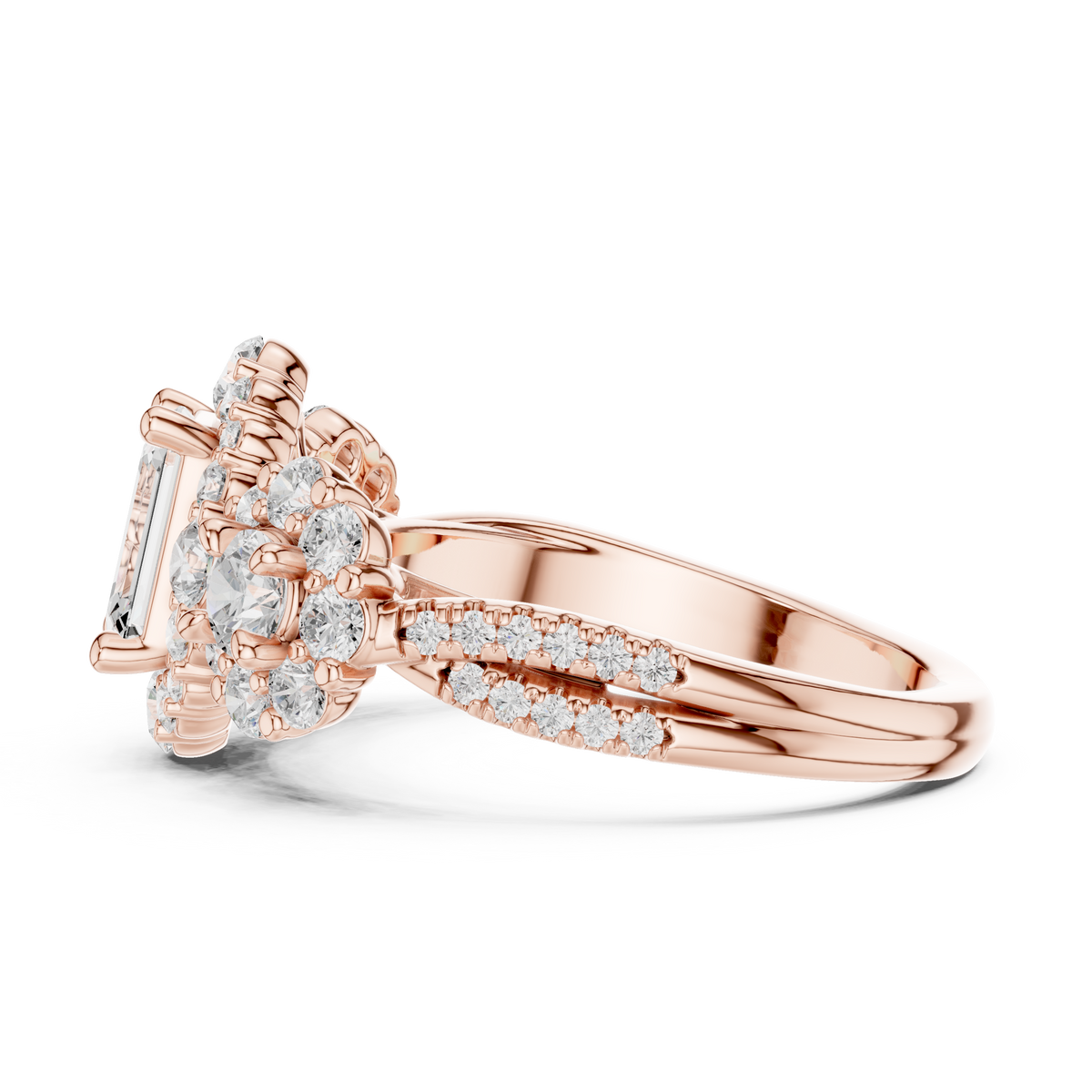 Emerald Cut Lab-Grown Diamond Floral Halo Wedding Ring, Rose Gold