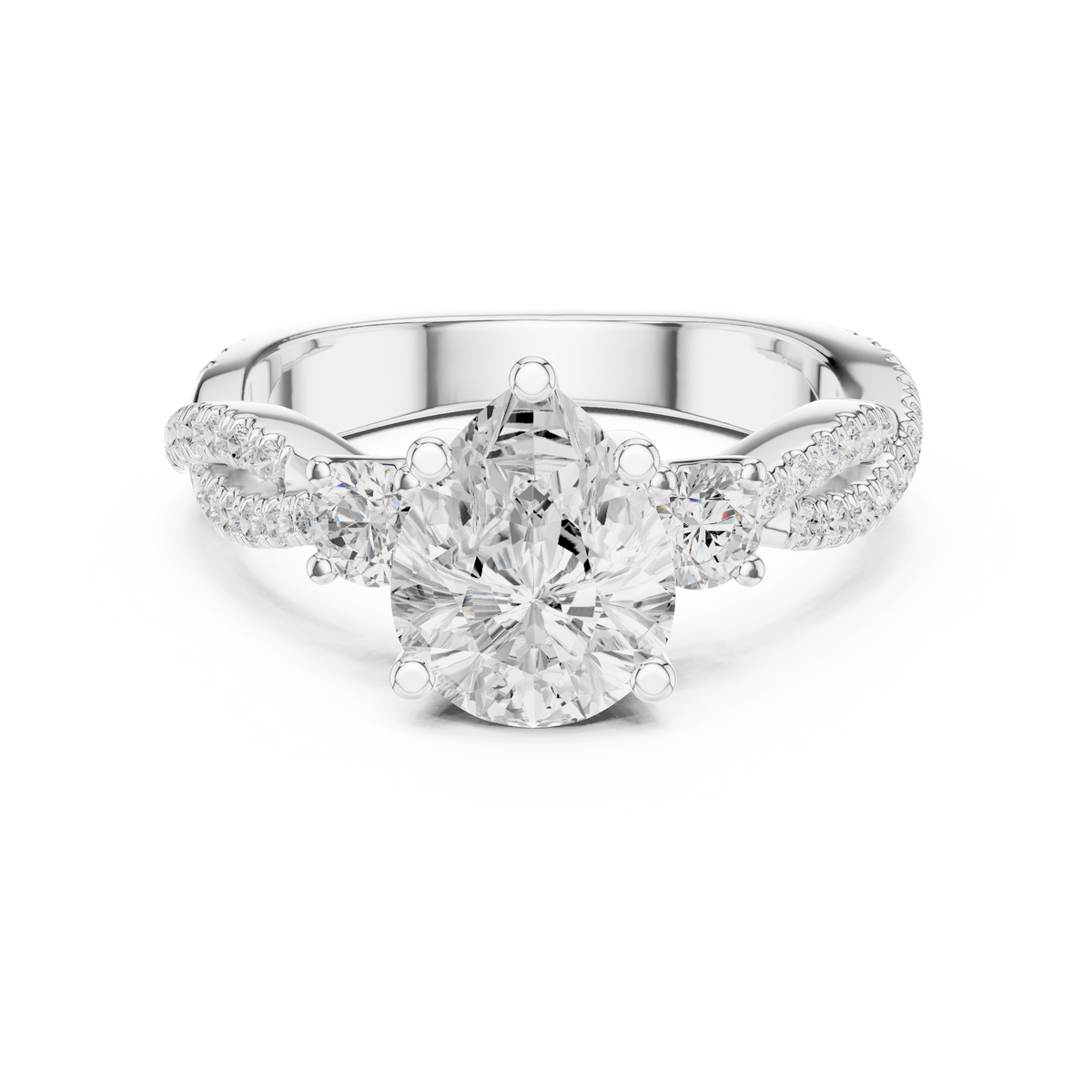 Pear Cut Lab-Grown Diamond 3 Stone Proposal Ring with Twisted Pavé Band, White Gold