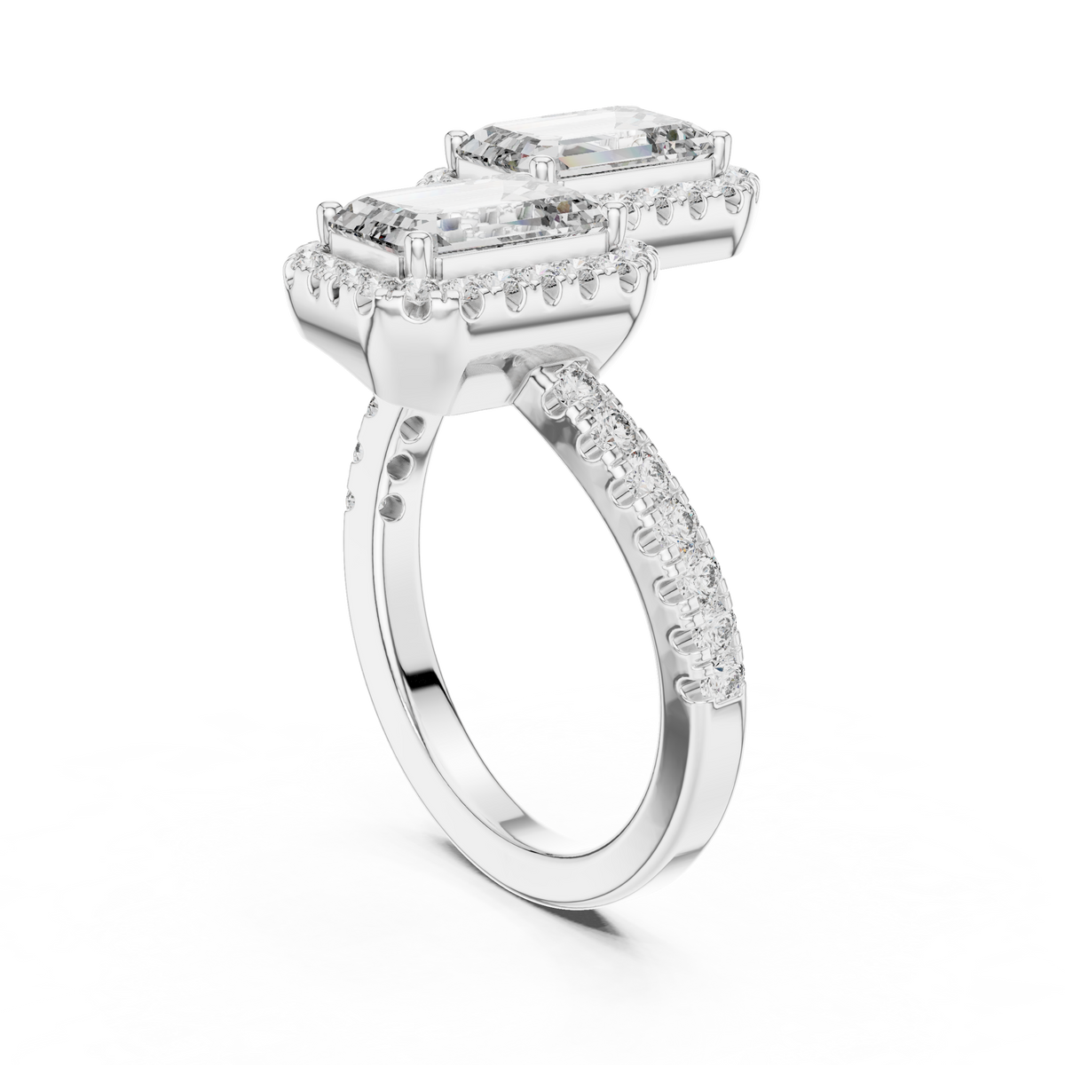 Emerald Cut Lab Grown Diamond Toi et Moi Ring with Round Diamond Halo, White Gold