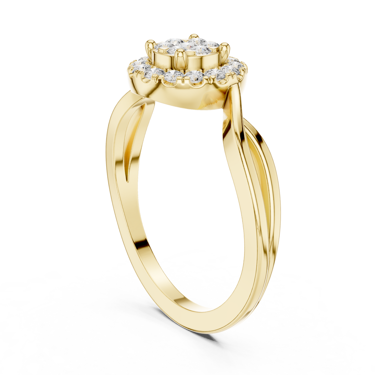 Round Cut Lab Grown Diamond Cluster Halo Ring with Twisted Pavé Band, Yellow Gold