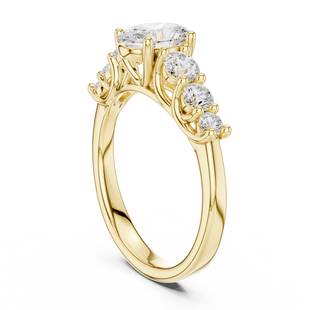 IGI Certified Oval Lab Grown Diamond With 6 Round Stones, Yellow Gold