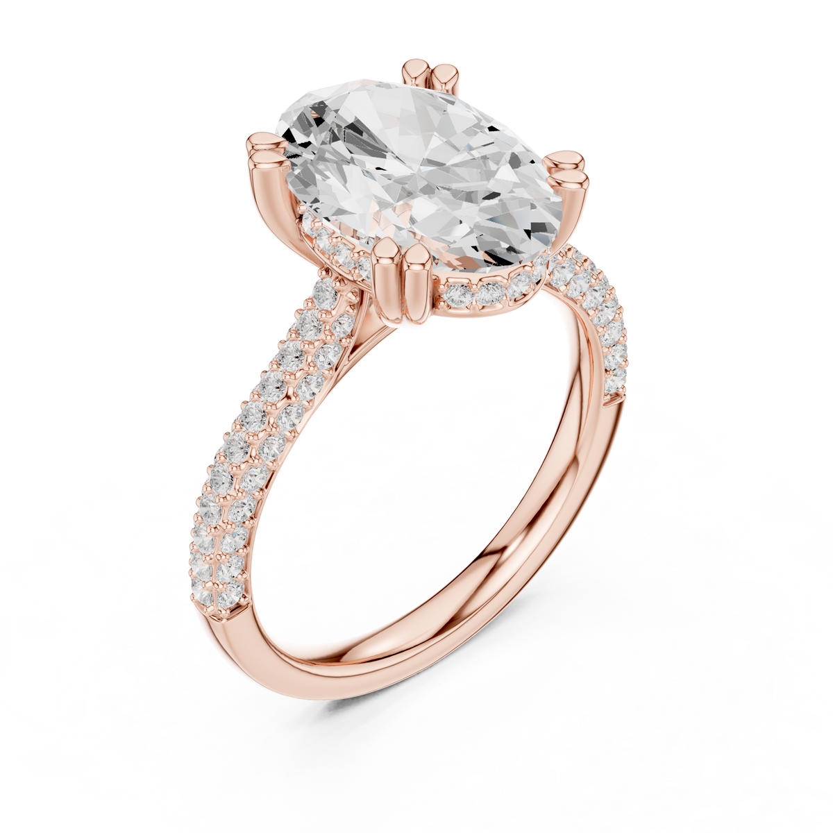 4.00 CT Oval Lab Grown Diamond Hidden Halo Ring with Pavé Band, Rose Gold