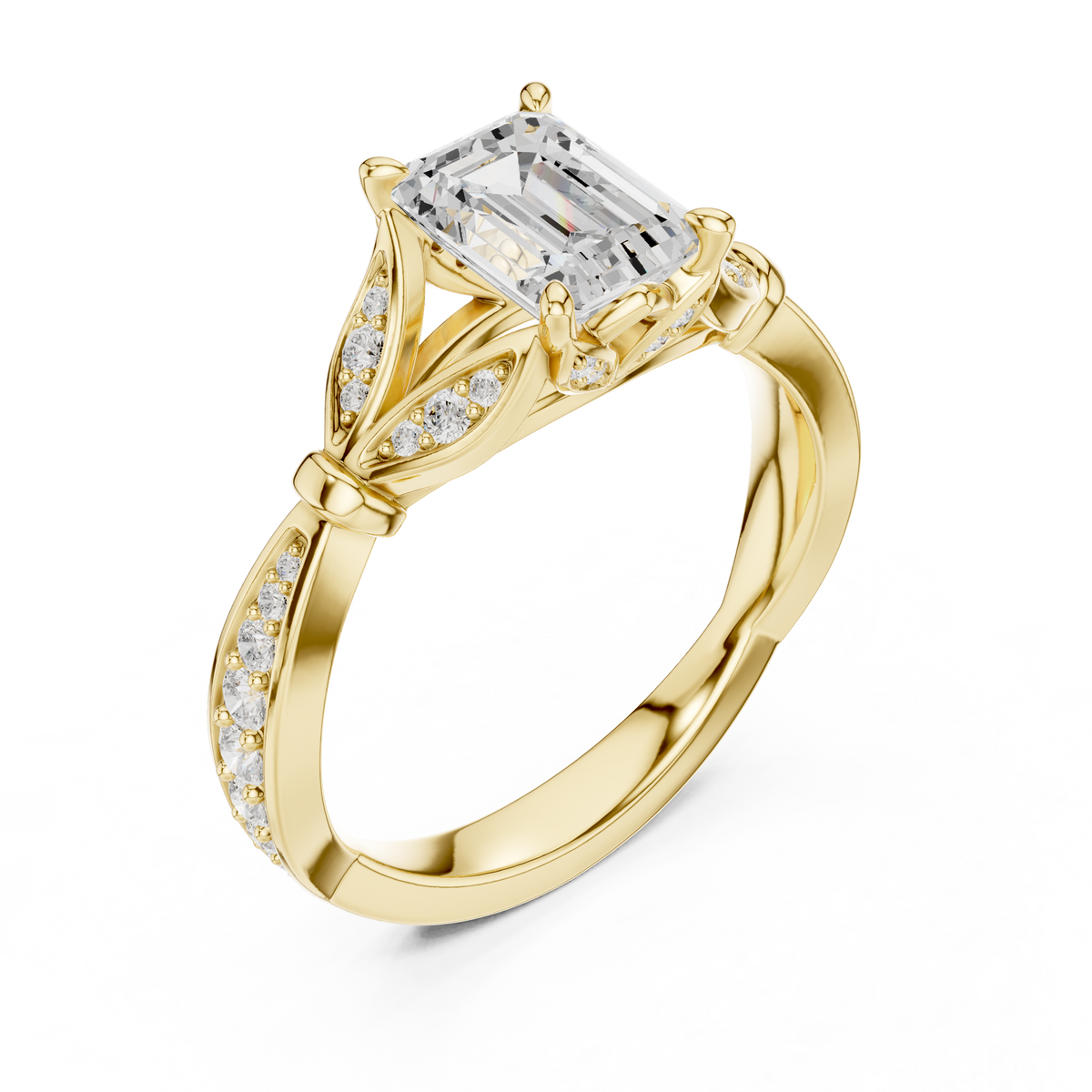 1.50 CT Emerald Cut Lab-Grown Diamond Leaf Twist Ring, Yellow Gold