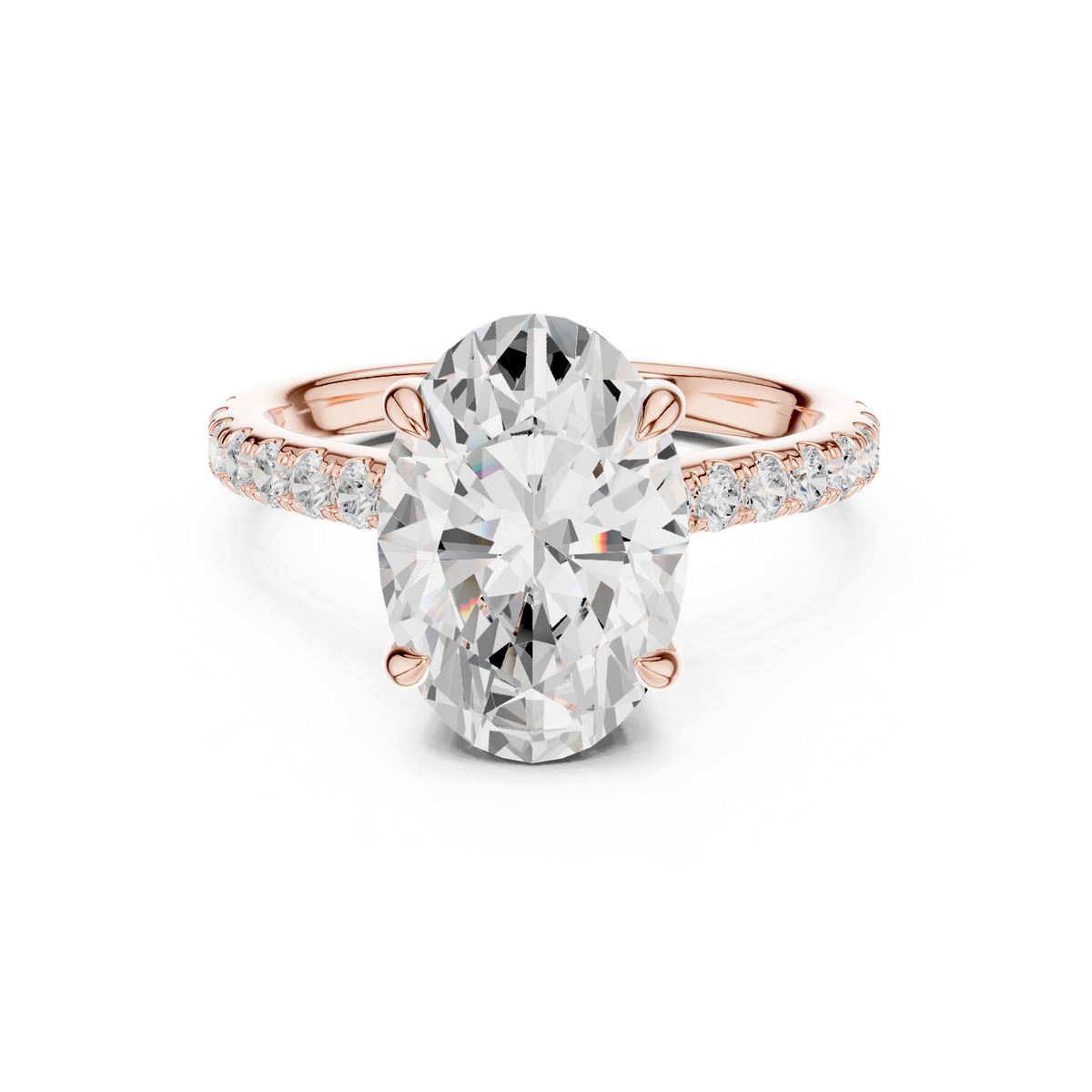 Oval Cut Lab-Grown Diamond Proposal Ring with Hidden Halo and Pavé Band, Rose Gold