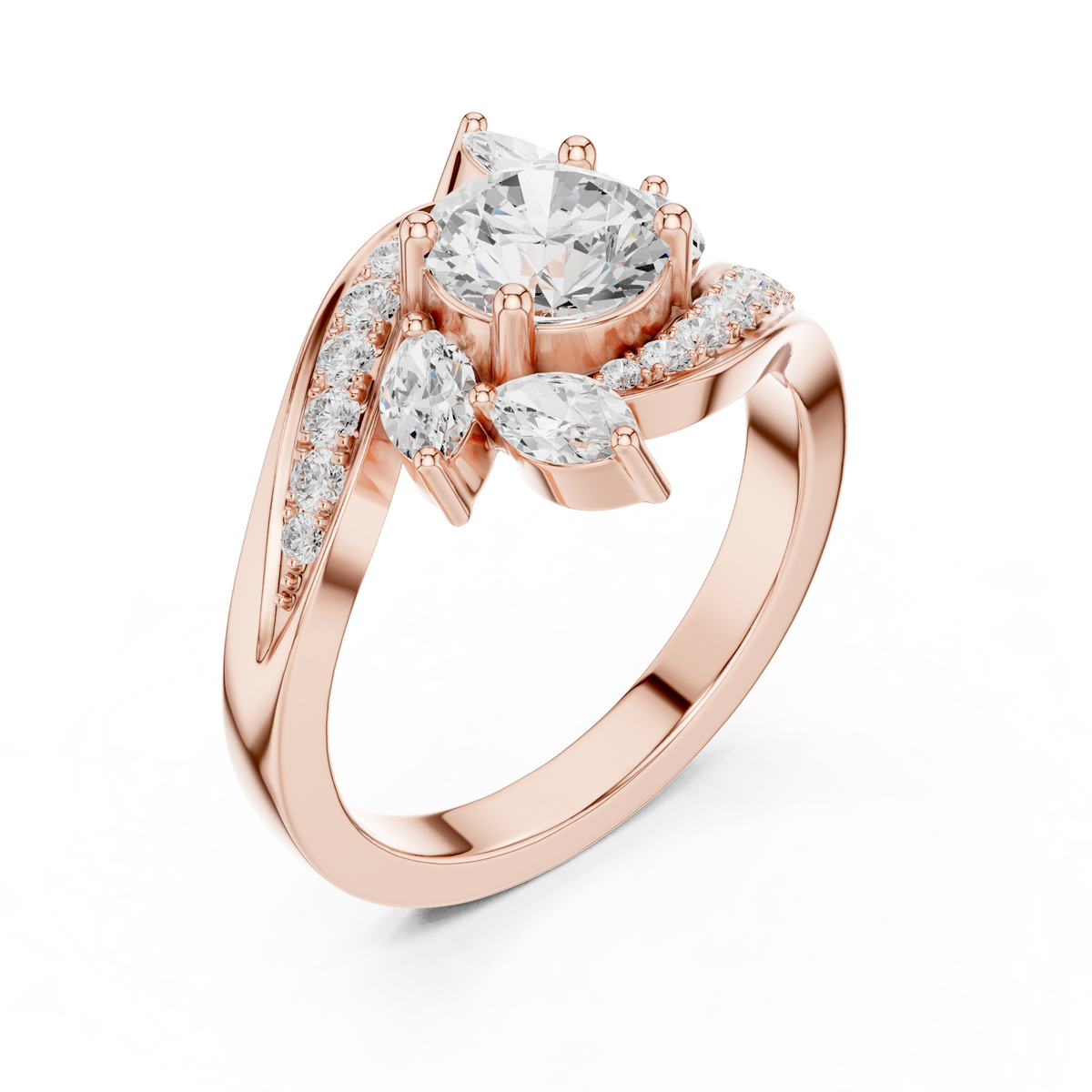 1.00 CT Round Cut Lab Grown Diamond Ring with Marquise Floral Halo & Pavé Band, Rose Gold