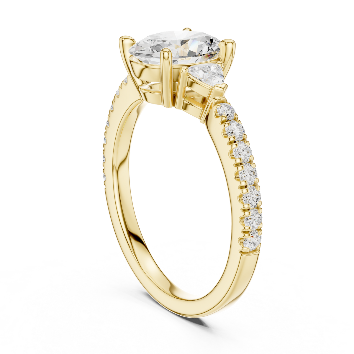 Oval Cut Lab Grown Diamond Proposal Ring with Trillion Side Stones, Yellow Gold