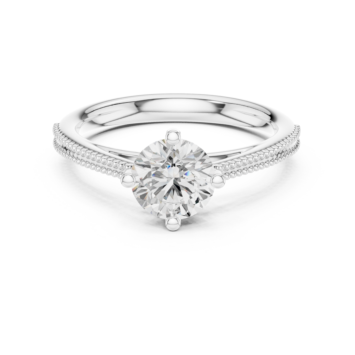Beaded Band Solitaire Round Lab Grown Diamond Ring, White Gold